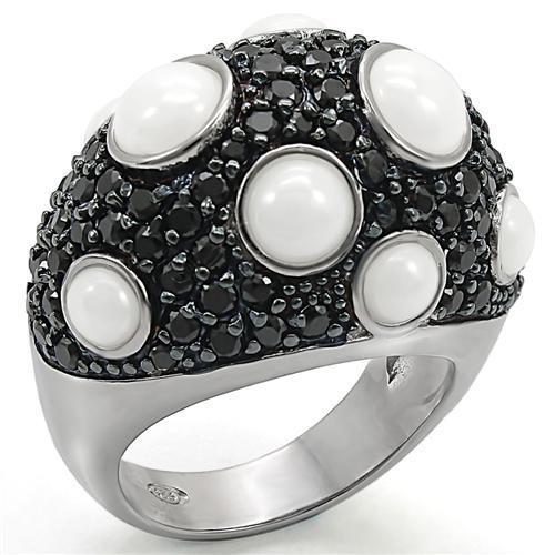 LOS376 - Rhodium + Ruthenium 925 Sterling Silver Ring with Milky CZ in White